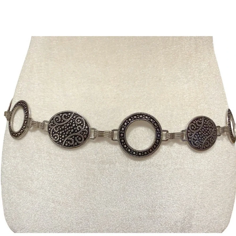 Silver Tone Chain Belt Boho Filigree Medallion Adjustable Festival Hip Belt 45